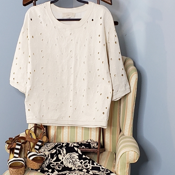 Loft Floral Eyelet  Pullover Sweatshirt Style Casual Beachy CoastalTop Sz L ♡ - Picture 6 of 12